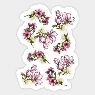 Pink Spring Flowers set, Art Nouveau flower pattern, nature, Magnolia and Cherry Blossom, Pastel, Watercolor style Sticker